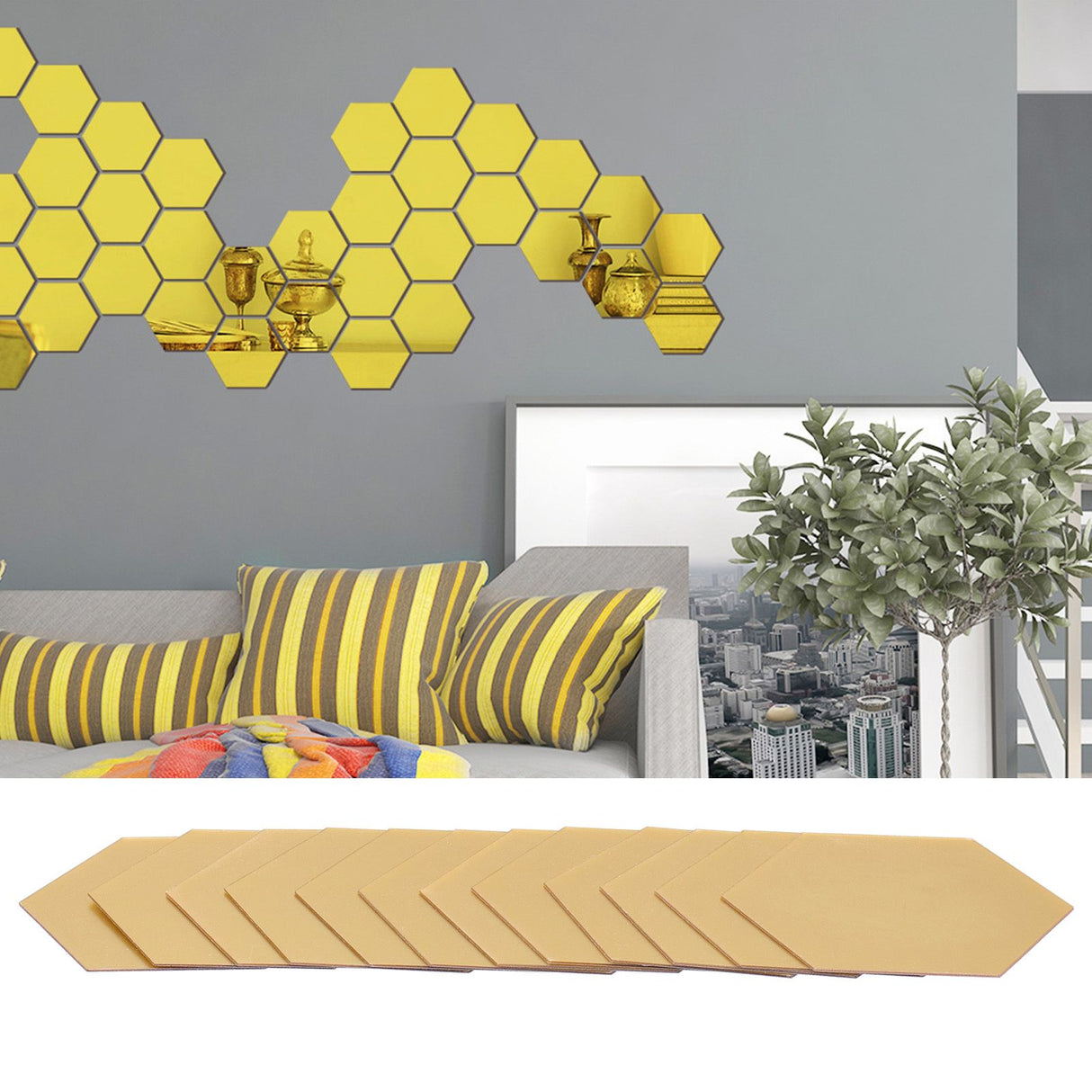 4 Set Mirror Wall Sticker Acrylic Hex Removable Decor Decal Background Home Decoration12.6cm Gold