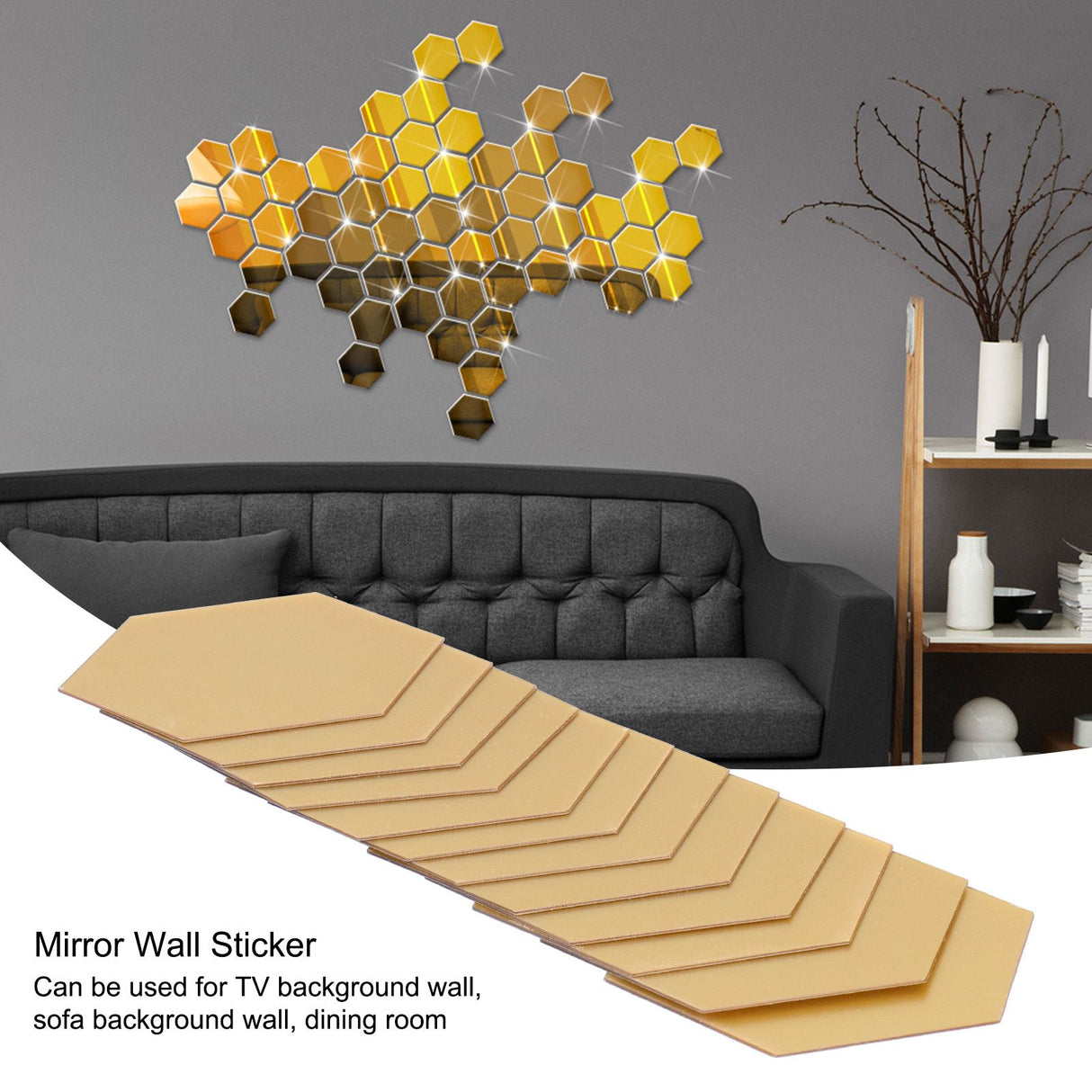 4 Set Mirror Wall Sticker Acrylic Hex Removable Decor Decal Background Home Decoration12.6cm Gold
