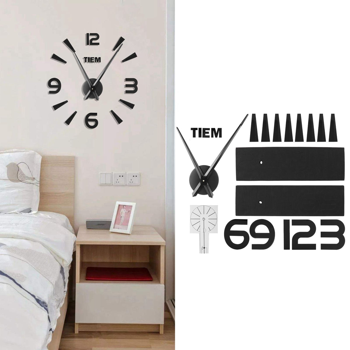 Frameless Wall Clock Sticker Mirror Surface Living Room Bedroom Office DIY DecorationBlack