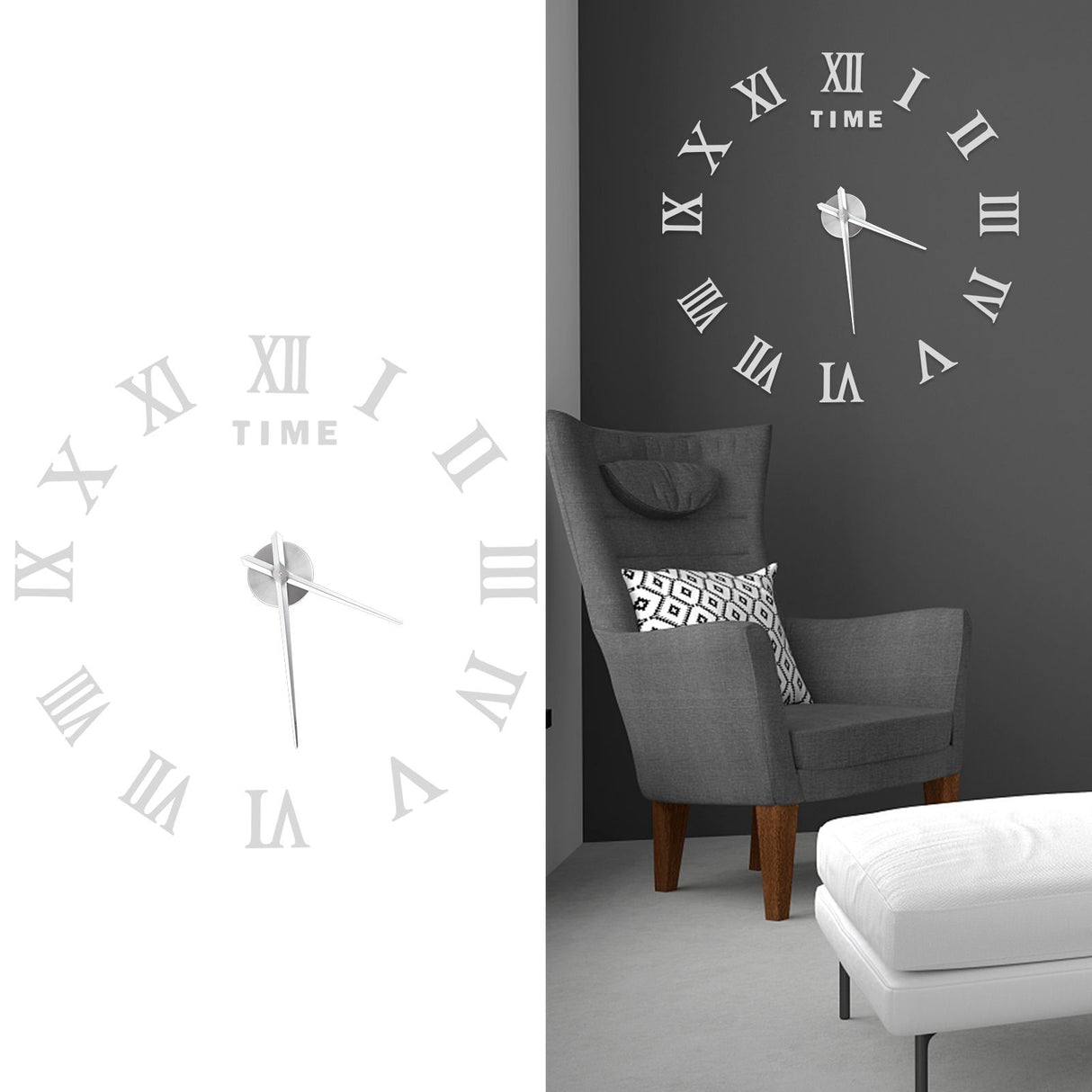 DIY Wall Clock Roman Numerals Frameless Mirror Surface Wall Clock Home Living Room DecorSilver