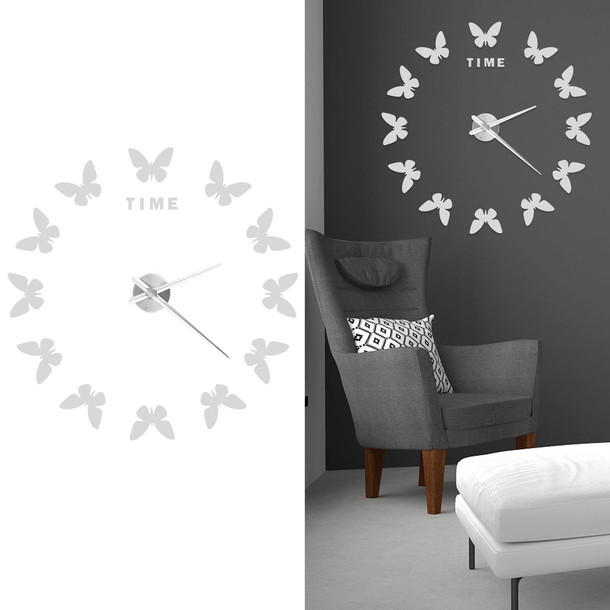 Large Wall Sticker Clock Butterfly Shape Innovation DIY Modern Art Living Room DecorationSilver