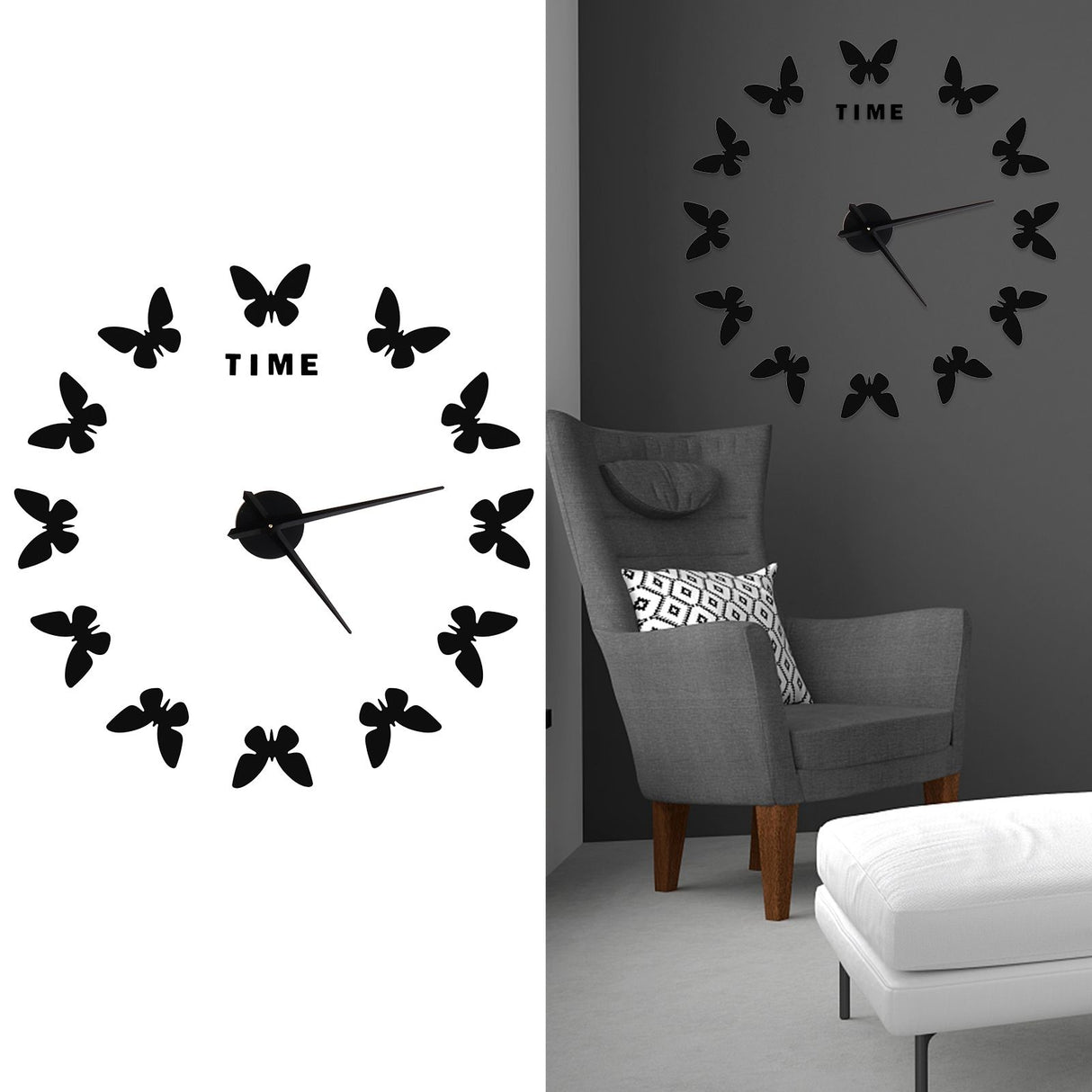Large Wall Sticker Clock Butterfly Shape Innovation DIY Modern Art Living Room DecorationBlack