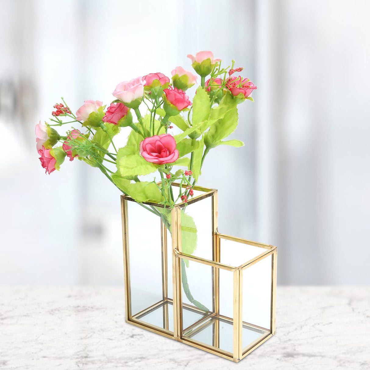 Glass Storage Container Garden Polygonal Column Golden Brass Bar Welding Flower Room Box