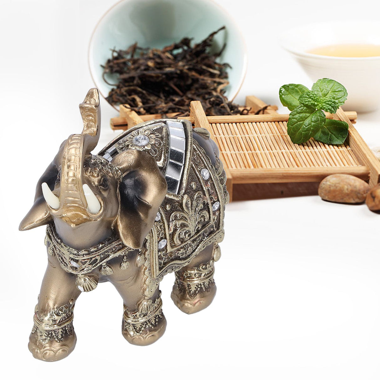 Elephant Statue Figurine Feng Shui Resin Animal Ornament Art Crafts Desktop DecorationGold L 13.5x6x14cm