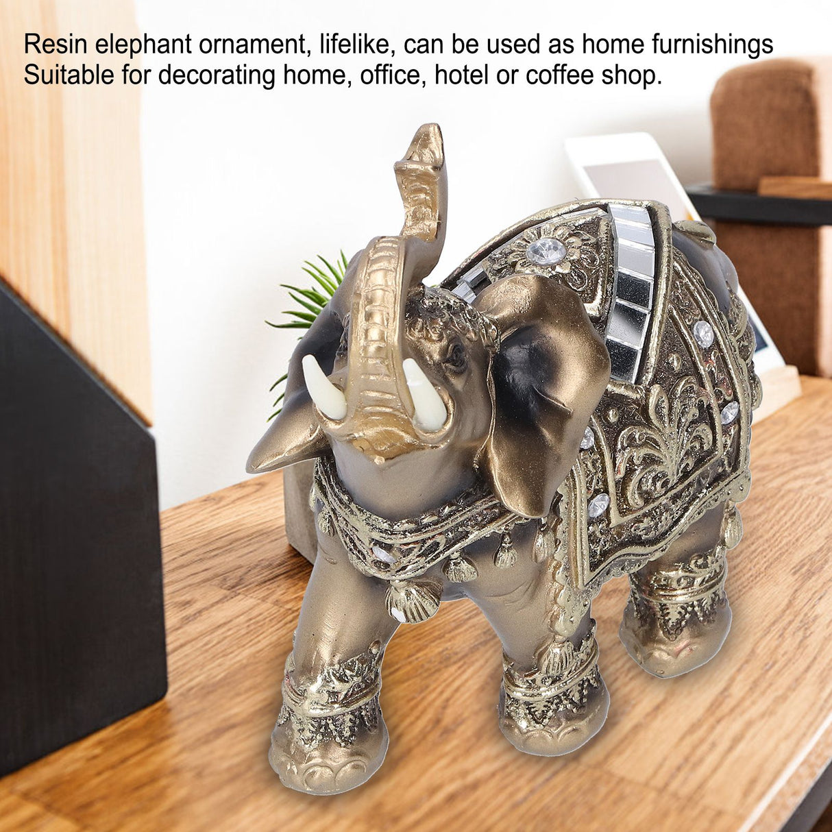 Elephant Statue Figurine Feng Shui Resin Animal Ornament Art Crafts Desktop DecorationGold L 13.5x6x14cm