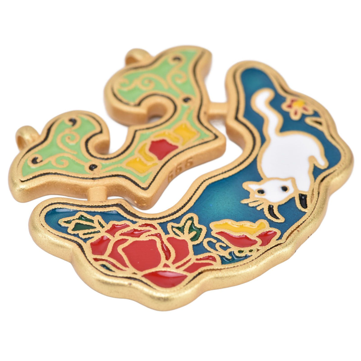 Chinese Retro Peace Lock Pendant Unique Charm Enamel Porcelain Lock Pendant Men Women Silver Jewelry for GiftWhite Cat Lock