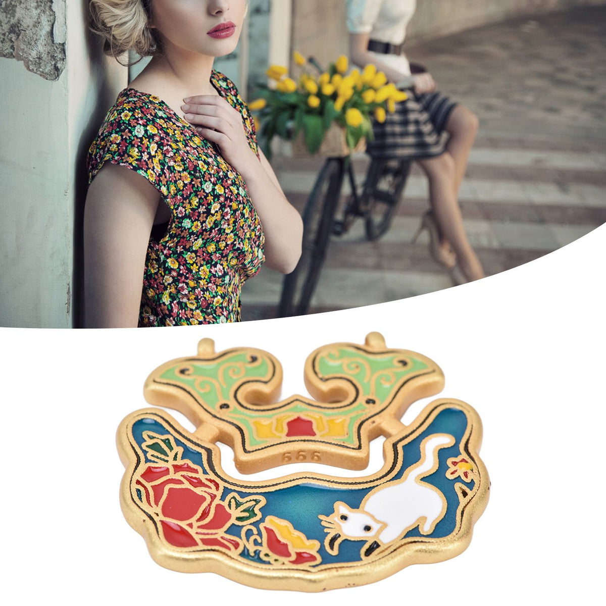 Chinese Retro Peace Lock Pendant Unique Charm Enamel Porcelain Lock Pendant Men Women Silver Jewelry for GiftWhite Cat Lock