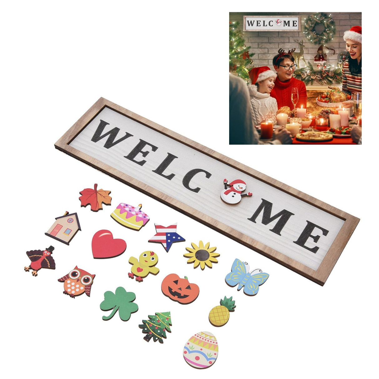 Door Sign Wooden Seasonal Rustic Welcome Door Decoration with 16 Interchangeable Icons for Farmhouse Office Home