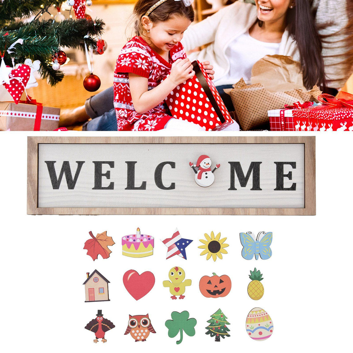 Door Sign Wooden Seasonal Rustic Welcome Door Decoration with 16 Interchangeable Icons for Farmhouse Office Home