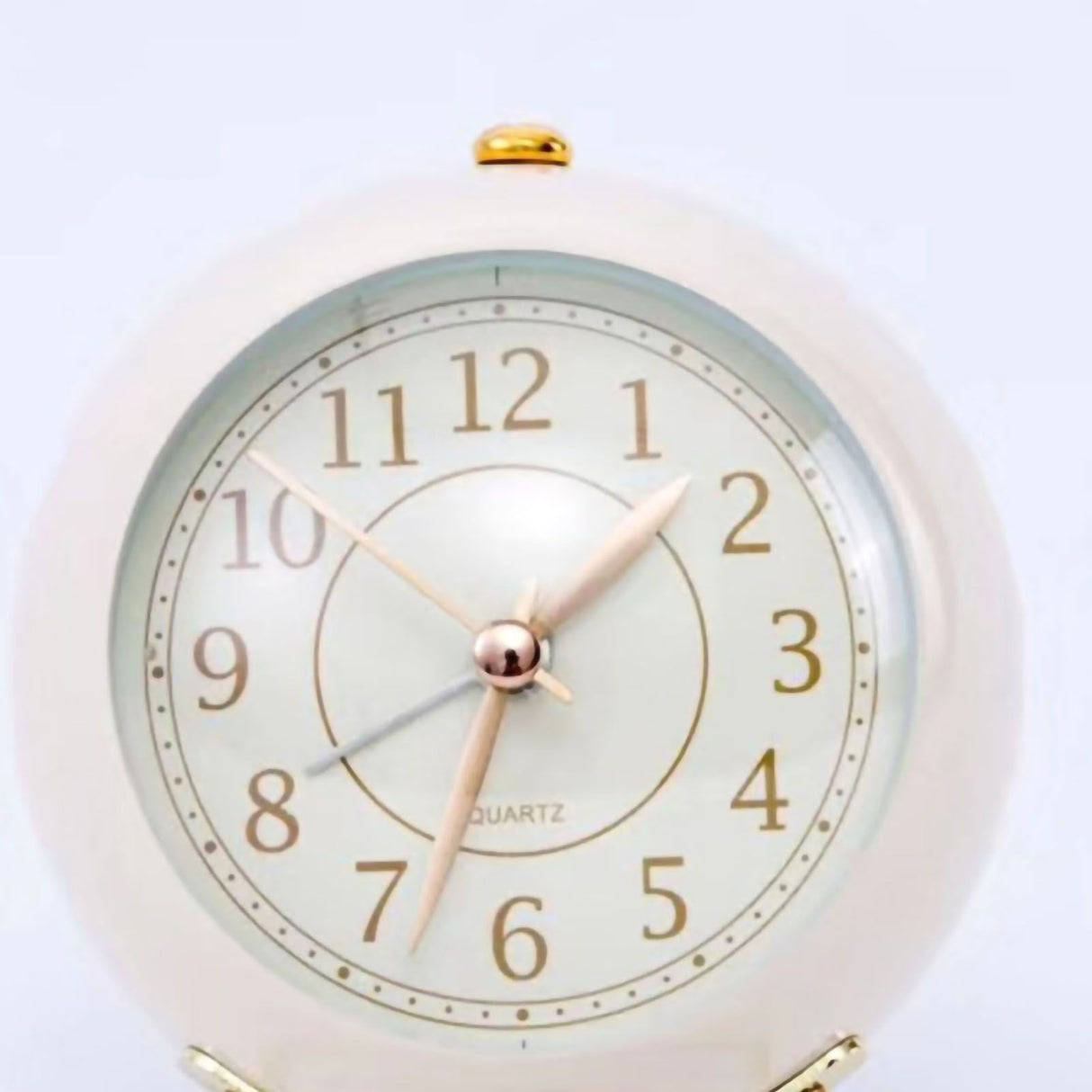 Small Round Clock Circular Base Mute Corrosion Resistance Quartz Bedside Alarm Clock with Night Light for Bedroom School Creamy White, Golden Cover