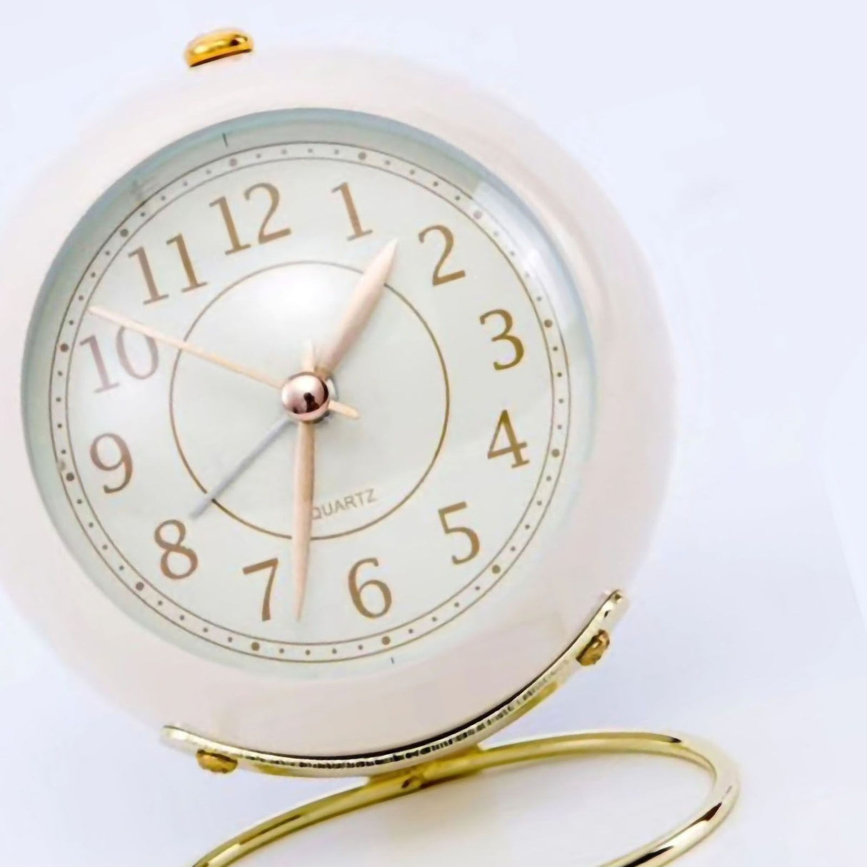 Small Round Clock Circular Base Mute Corrosion Resistance Quartz Bedside Alarm Clock with Night Light for Bedroom School Creamy White, Golden Cover