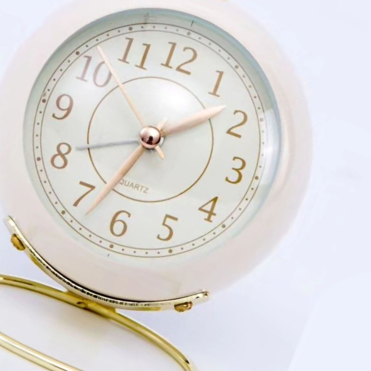 Small Round Clock Circular Base Mute Corrosion Resistance Quartz Bedside Alarm Clock with Night Light for Bedroom School Creamy White, Golden Cover