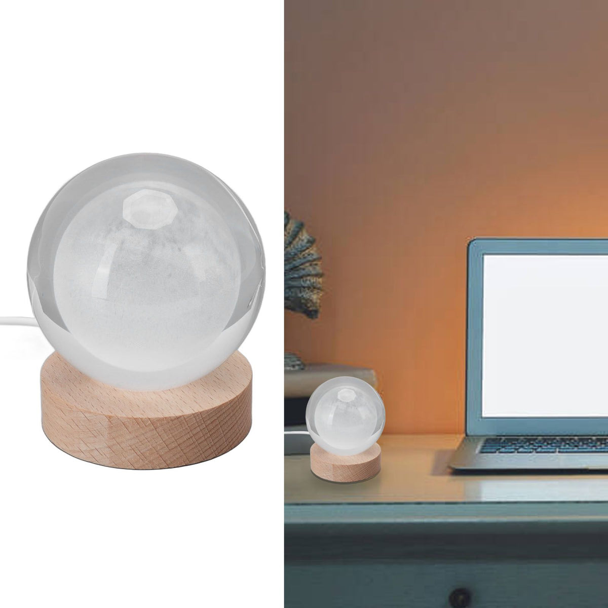 3D Moon Night Lamp Crystal Ball Night Light LED Wooden Inter Carving Tabletop Ornaments for Friends Kids Gifts Moon Warm Light