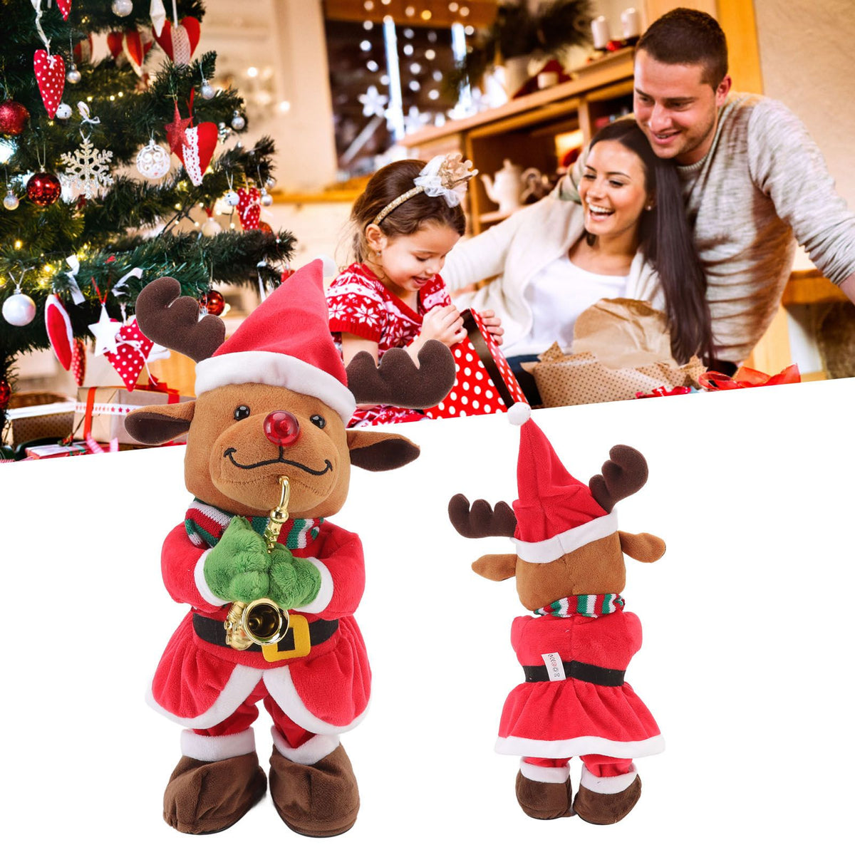 Electric Music Christmas Toy Doll 8 Songs Continuous Play Dancing Singing Glowing Swinging Plush Toy for Kids Adults Christmas Elk