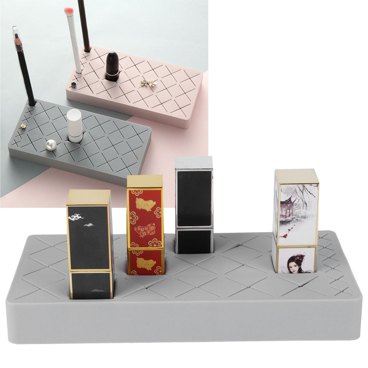 24 Slots Silicone Lipstick Organizer Makeup Cosmetics Holder Storage Box Display StandGray