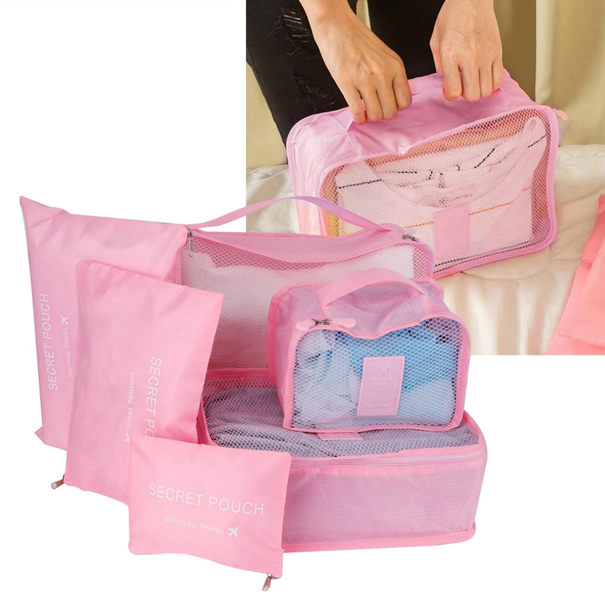 6Pcs/Set Storage Bag Clothing Sorting Bag Luggage Suitcase Packing Organizer for TravellingPink