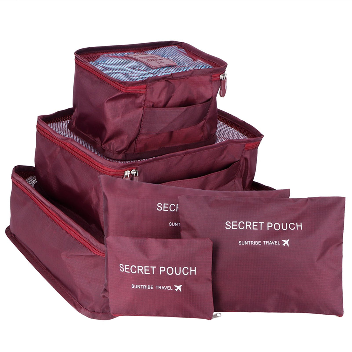 6Pcs/Set Storage Bag Clothing Sorting Bag Luggage Suitcase Packing Organizer for TravellingWine Red