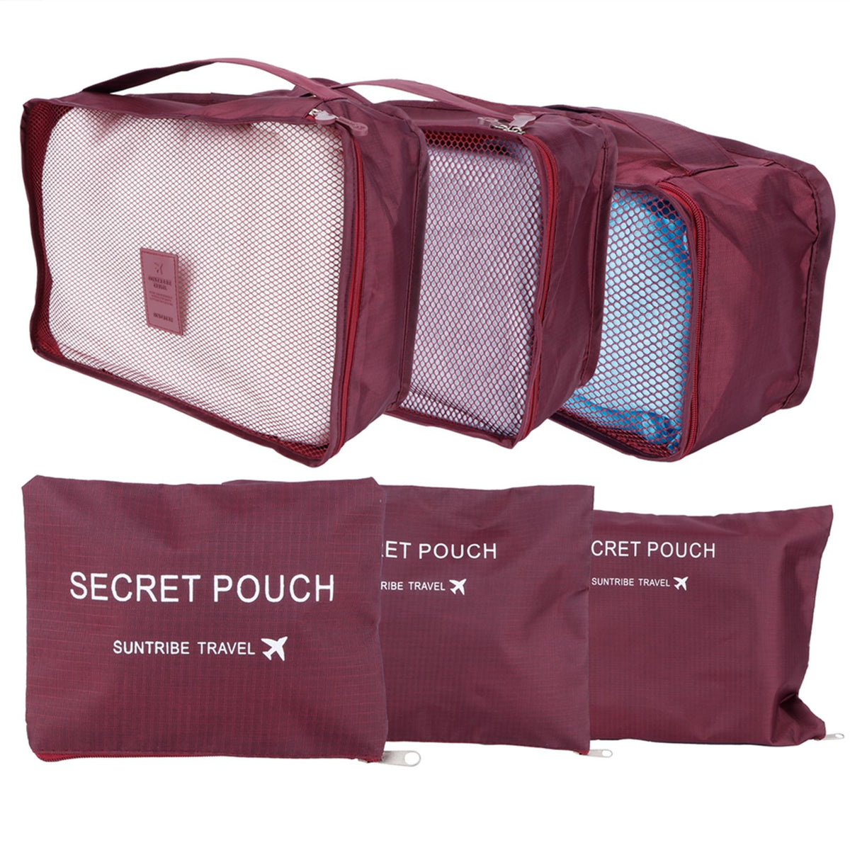 6Pcs/Set Storage Bag Clothing Sorting Bag Luggage Suitcase Packing Organizer for TravellingWine Red