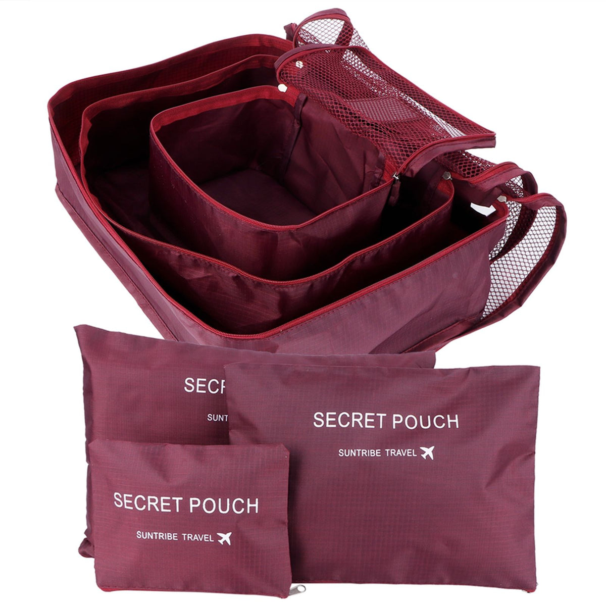 6Pcs/Set Storage Bag Clothing Sorting Bag Luggage Suitcase Packing Organizer for TravellingWine Red