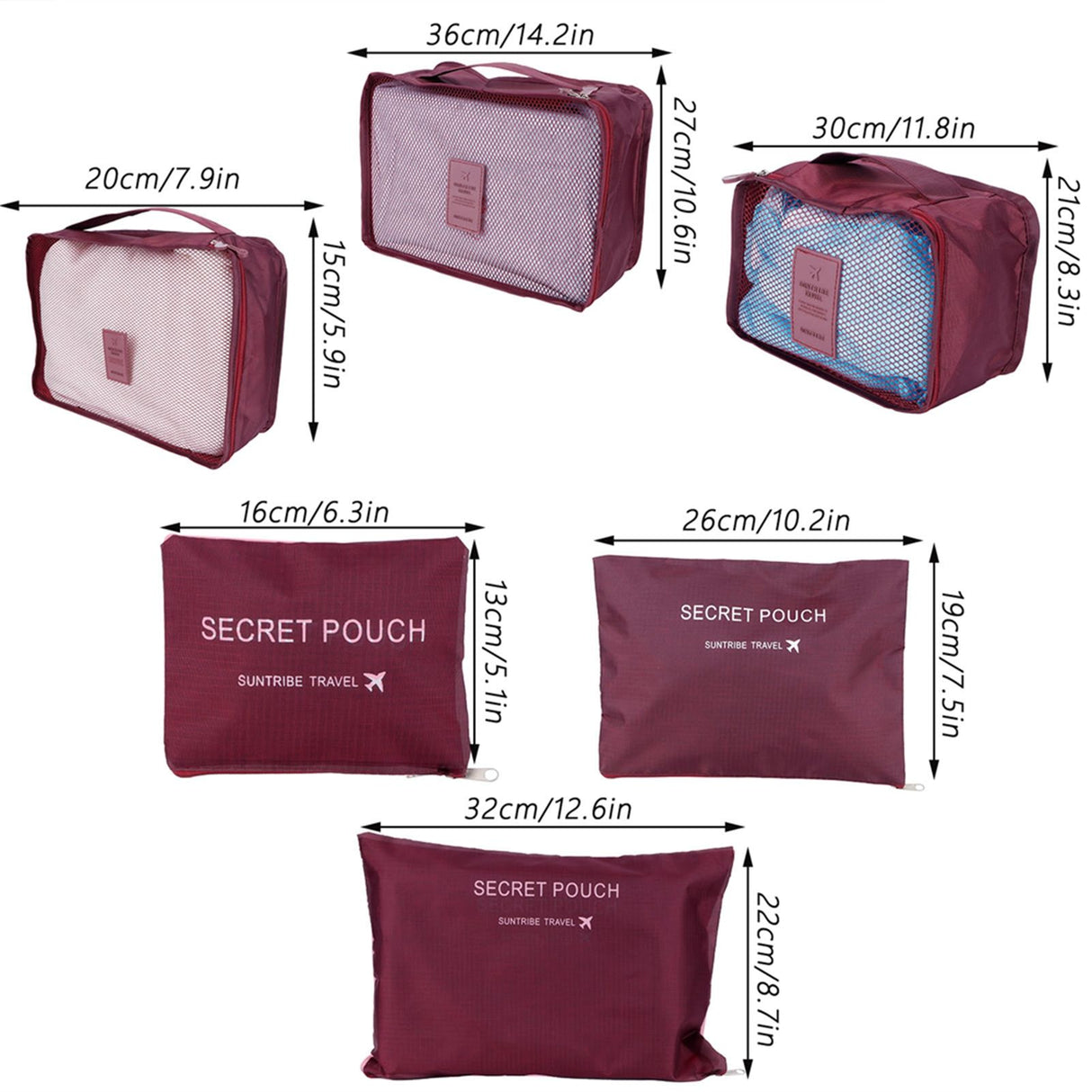 6Pcs/Set Storage Bag Clothing Sorting Bag Luggage Suitcase Packing Organizer for TravellingWine Red