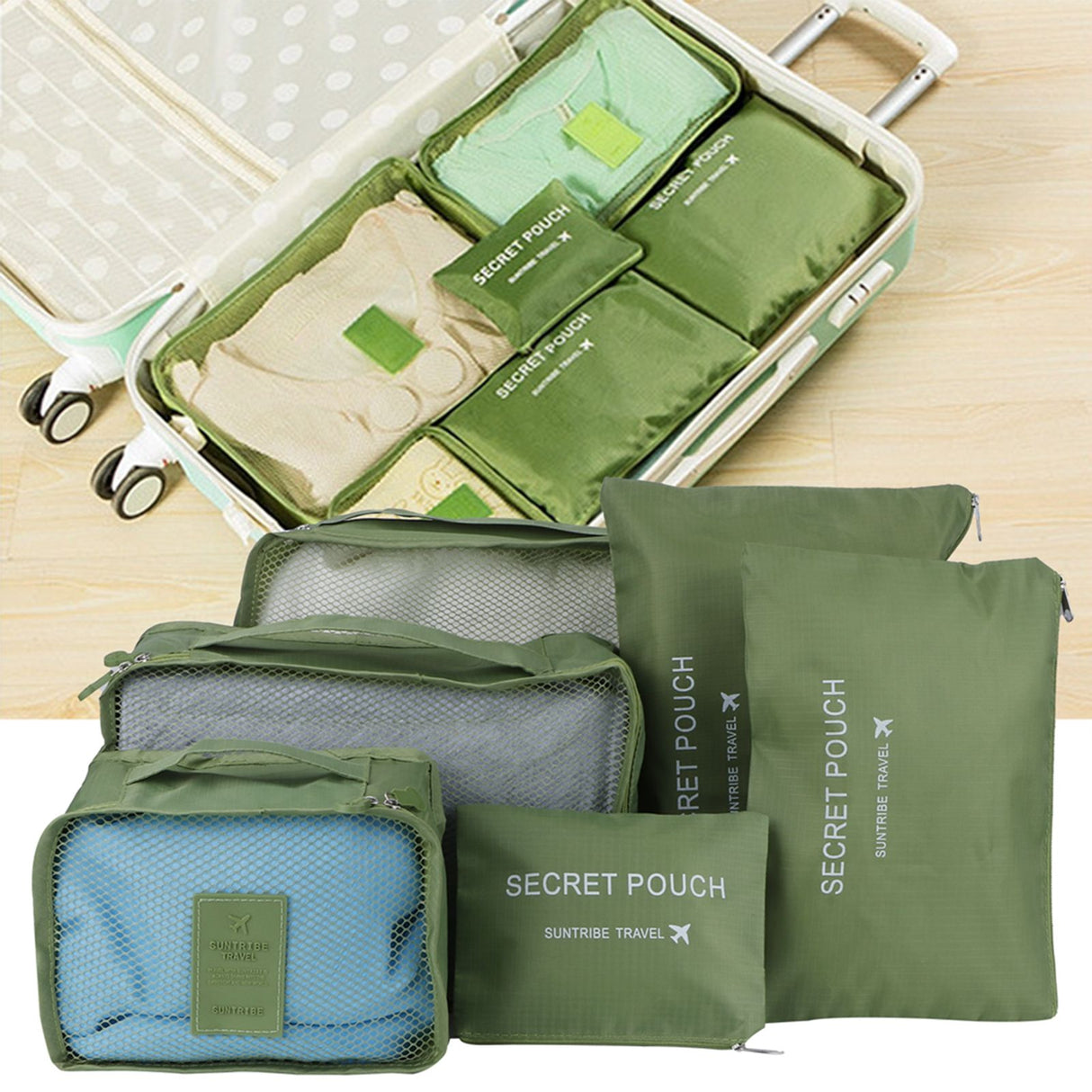 6Pcs/Set Storage Bag Clothing Sorting Bag Luggage Suitcase Packing Organizer for TravellingGreen