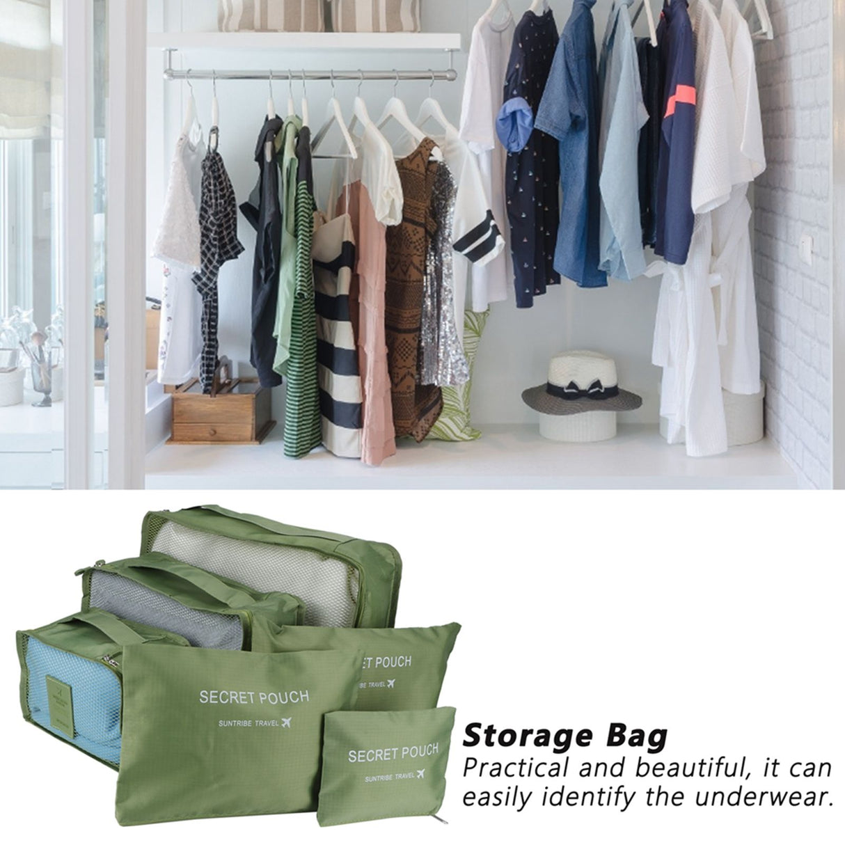 6Pcs/Set Storage Bag Clothing Sorting Bag Luggage Suitcase Packing Organizer for TravellingGreen