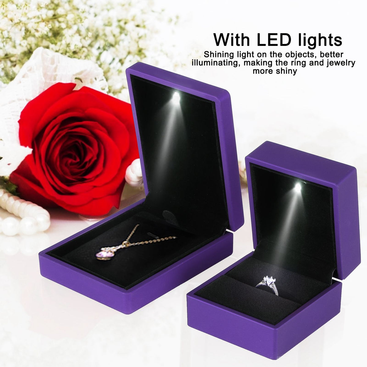 LED Jewelry Display Pendant Necklace Gift Box Ring Case Engagement Wedding SupplyPurple