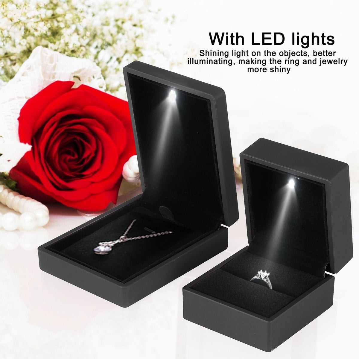LED Jewelry Display Pendant Necklace Gift Box Ring Case Engagement Wedding SupplyBlack