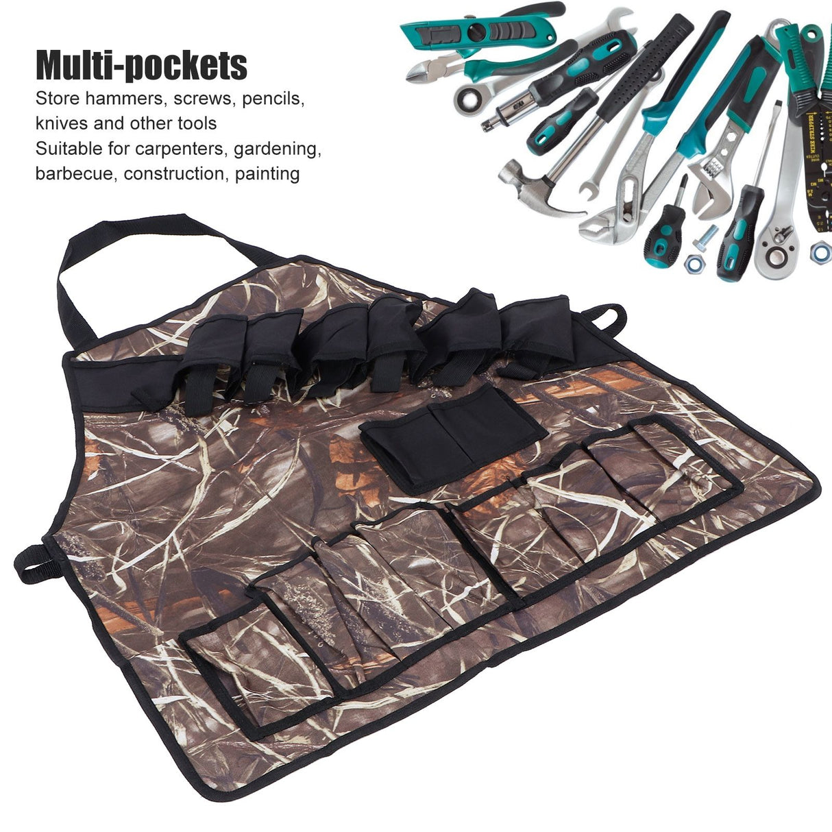 Multi-Pockets Apron 600D Oxford Fabric Camouflage Picnic Barbecue Aprons WaterproofReed Color