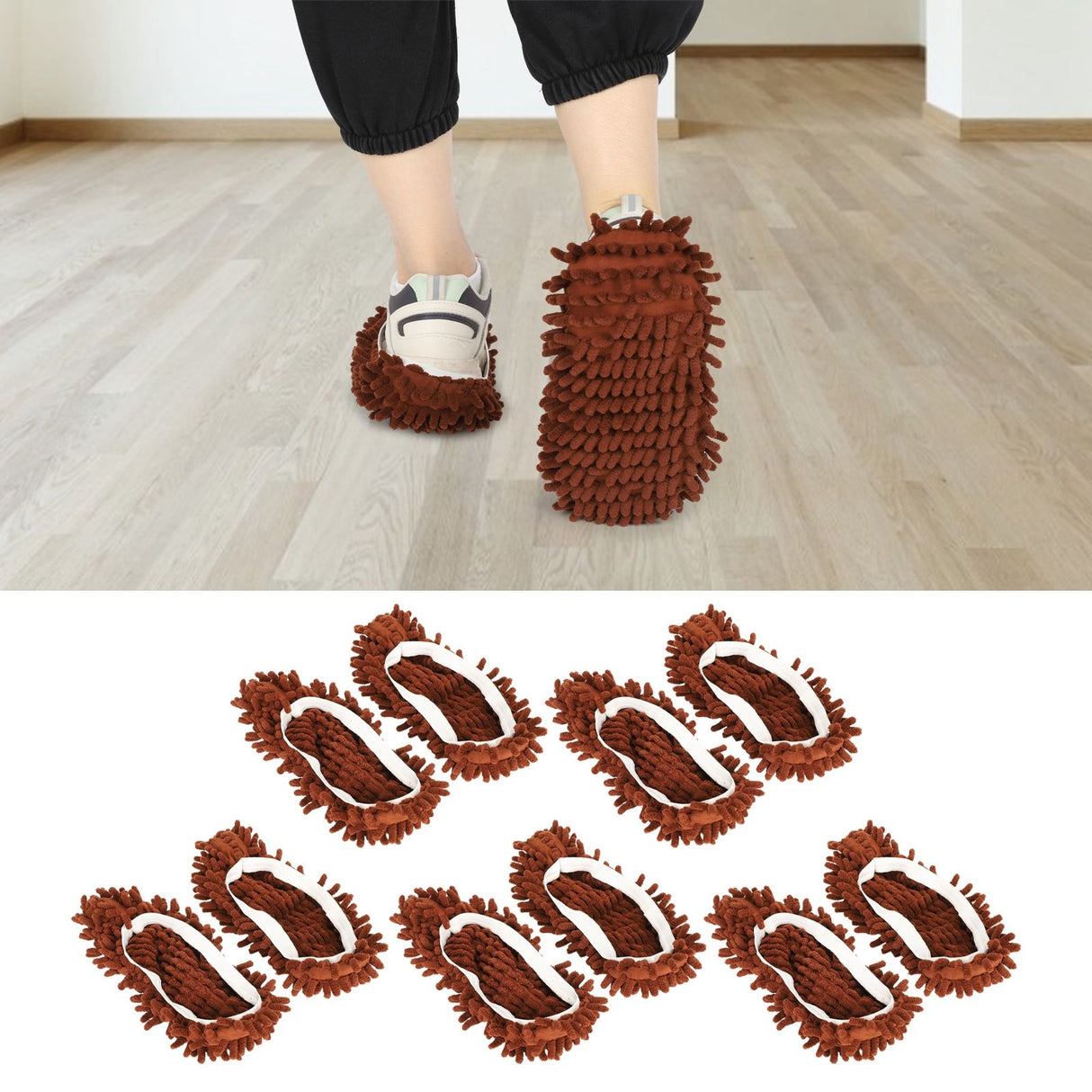 10Pcs Chenille Mop Slippers Multifunction Floor Cleaning Shoes Dust Cleaner AccessoryBrown