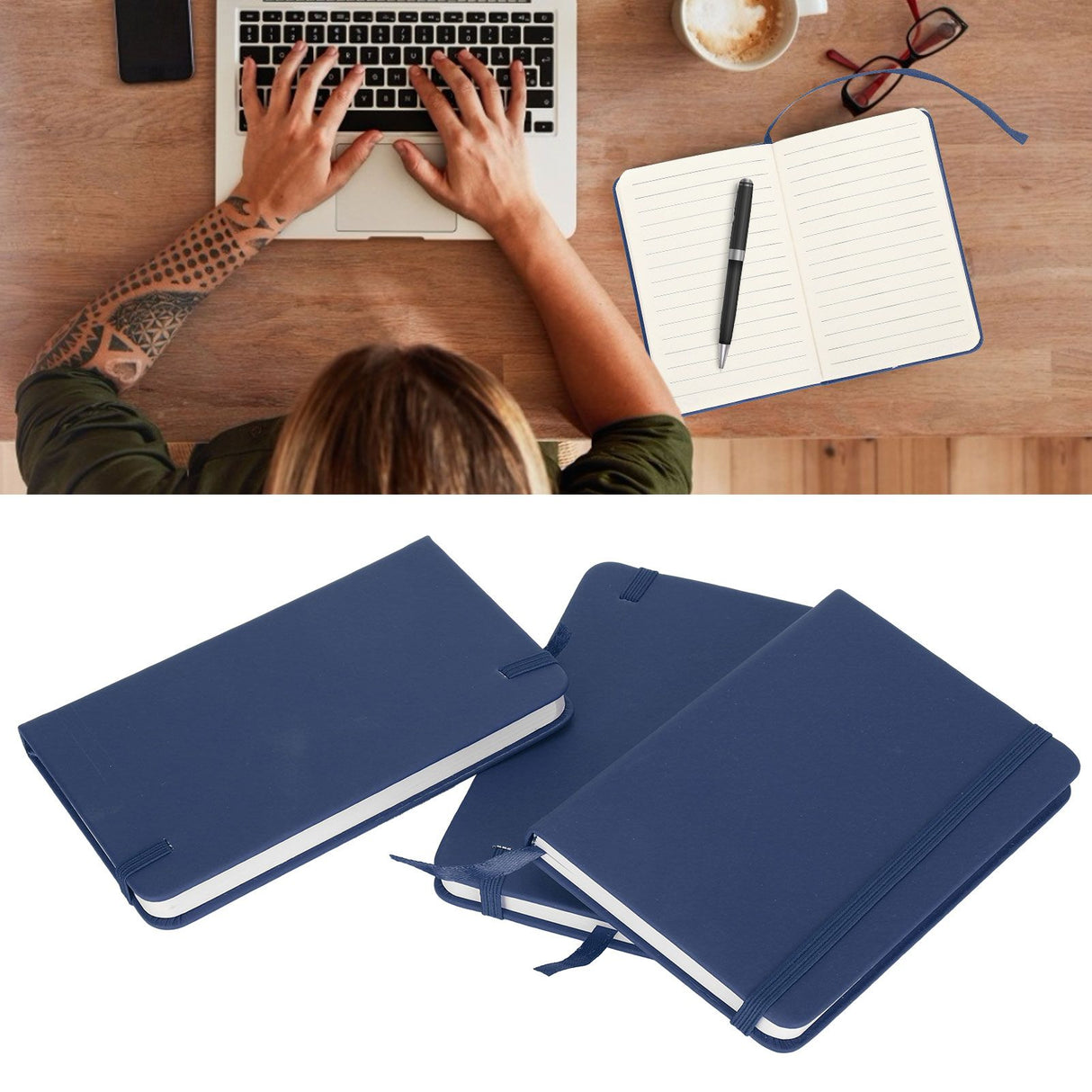 3Pcs PU A6 Business Notepad Hardcover Strap Notebook Diary Stationery Office School SuppliesBlue