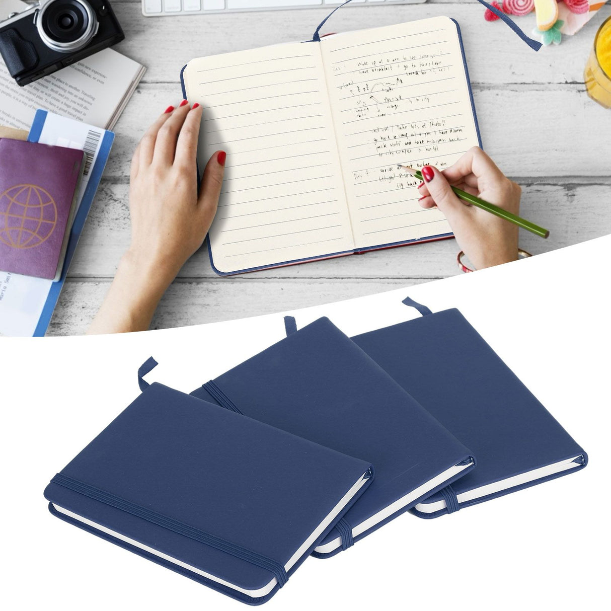 3Pcs PU A6 Business Notepad Hardcover Strap Notebook Diary Stationery Office School SuppliesBlue