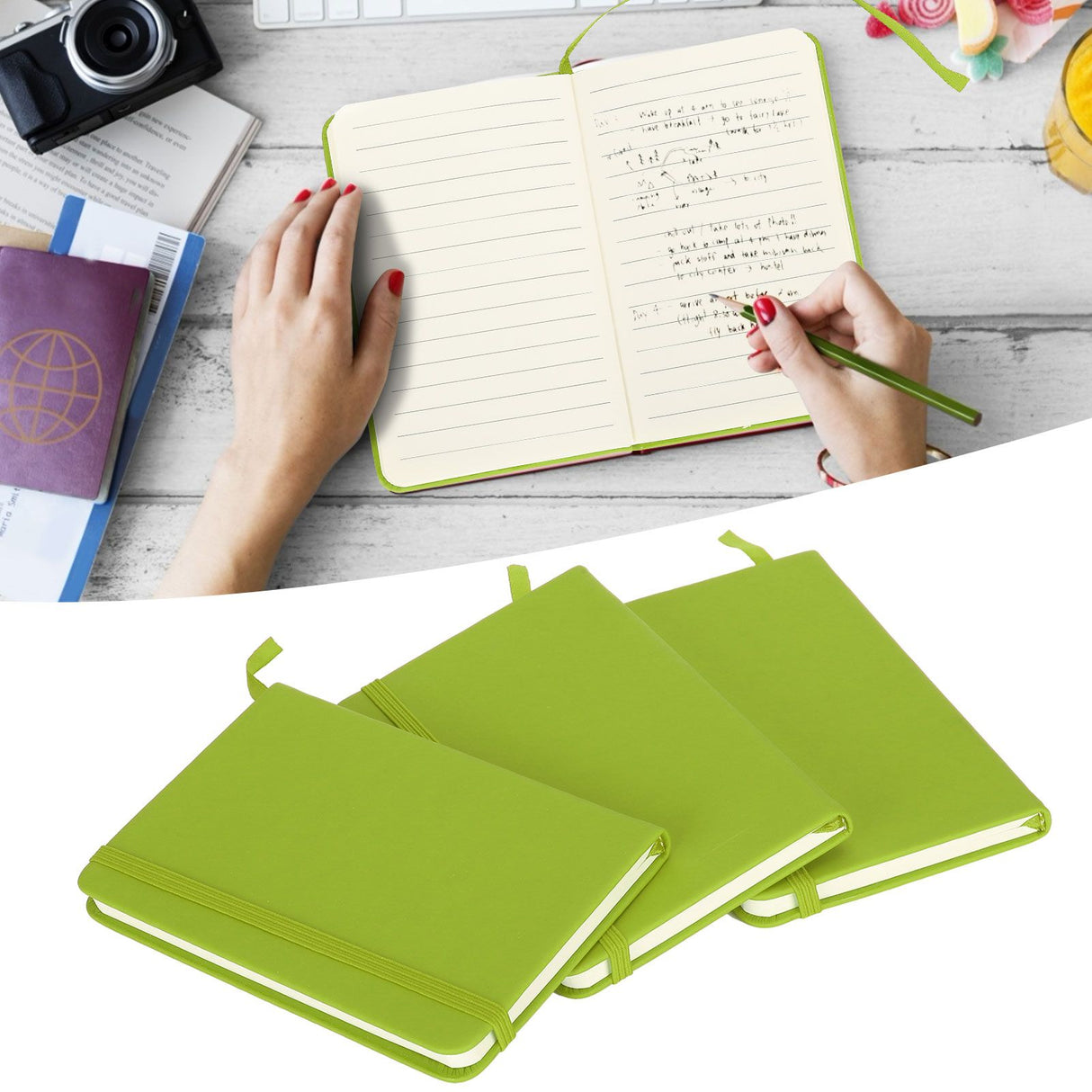 3Pcs PU A6 Business Notepad Hardcover Strap Notebook Diary Stationery Office School SuppliesGreen