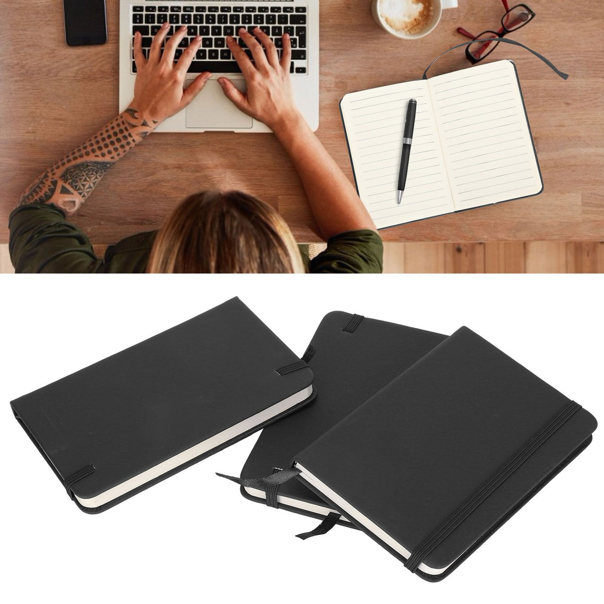 3Pcs PU A6 Business Notepad Hardcover Strap Notebook Diary Stationery Office School SuppliesBlack