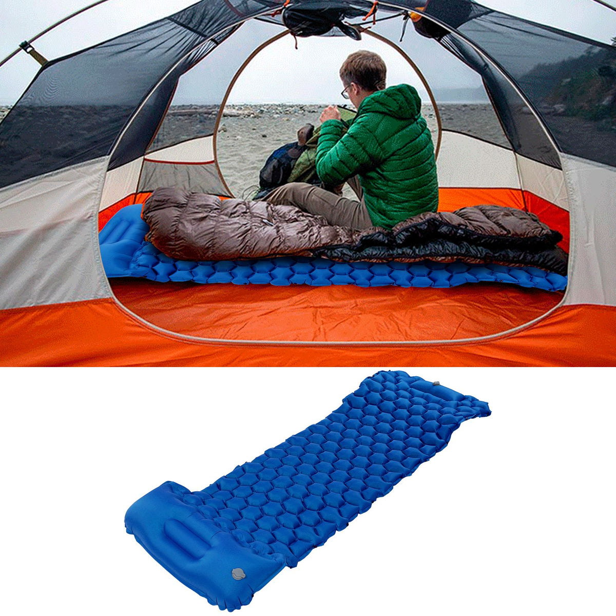 Camping Sleeping Pad Mat Foot Press Inflatable Cushion Mattress for Tent Hiking TravelRoyalblue