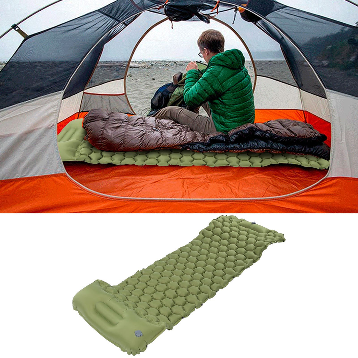 Camping Sleeping Pad Mat Foot Press Inflatable Cushion Mattress for Tent Hiking TravelMilitary Green