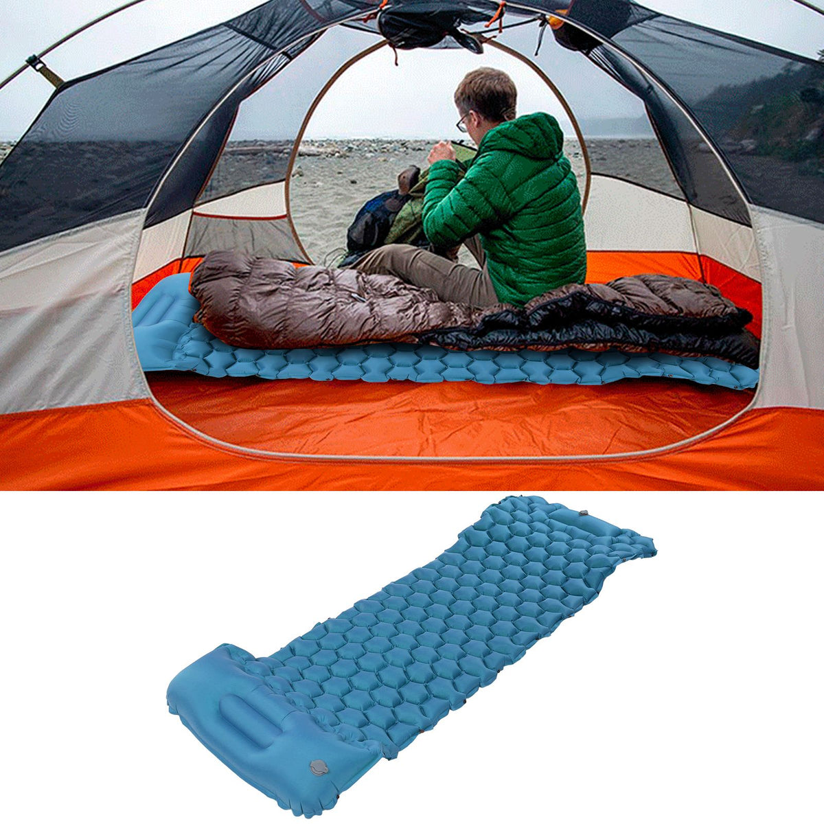 Camping Sleeping Pad Mat Foot Press Inflatable Cushion Mattress for Tent Hiking TravelPeacock Blue