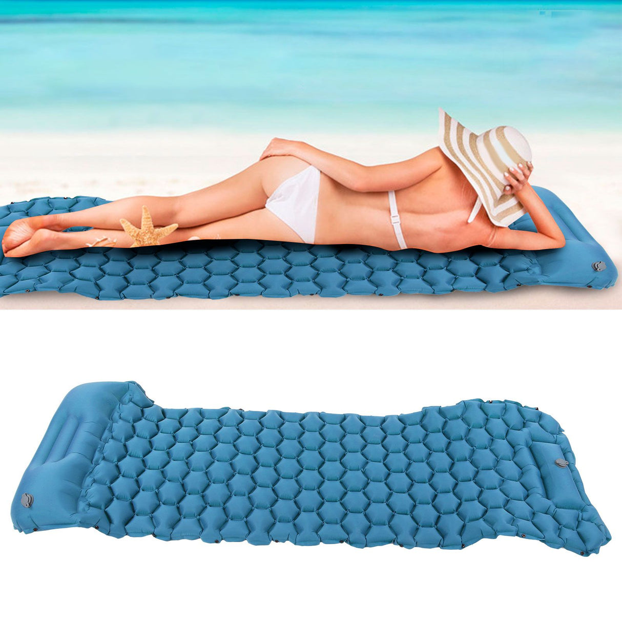 Camping Sleeping Pad Mat Foot Press Inflatable Cushion Mattress for Tent Hiking TravelPeacock Blue