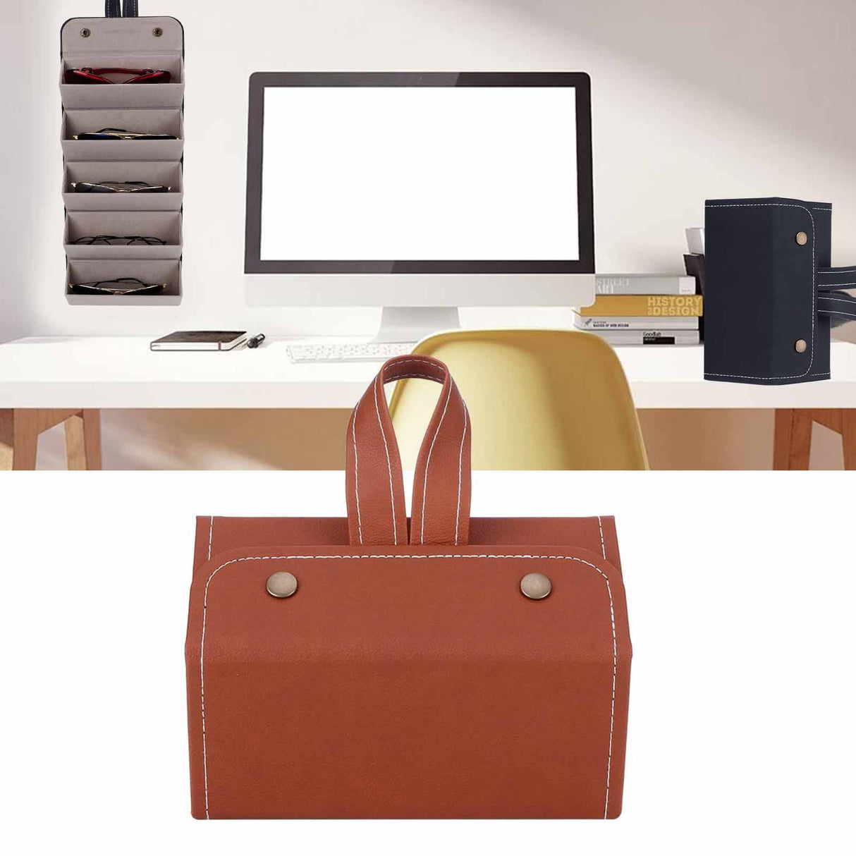 5‑Slot Travel Sunglasses Organizer Eyeglasses Storage Case Box Hanging Glasses Holder DisplayBrown
