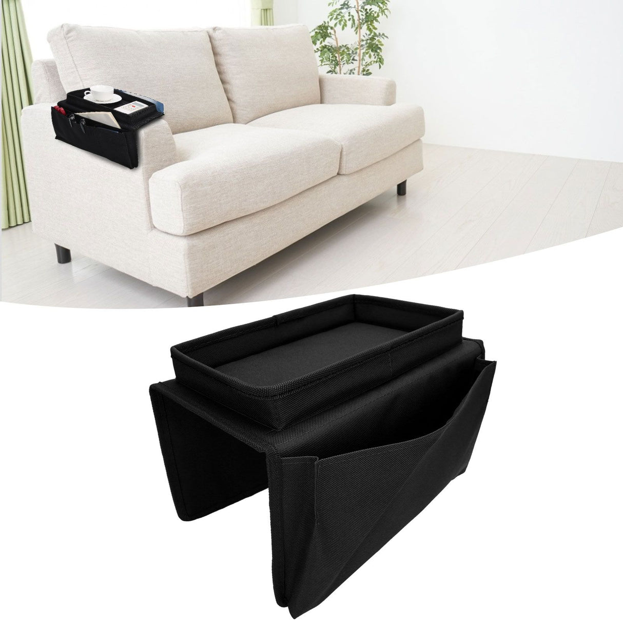 4 Pockets Sofa Armrest TV Remote Control Organizer Armchair Couch Bag with Cup Holder TrayBlack