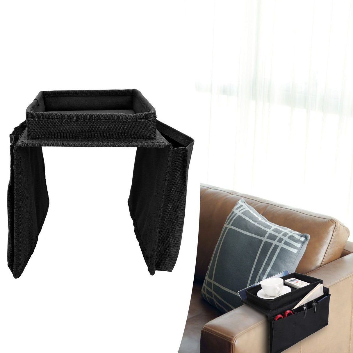 4 Pockets Sofa Armrest TV Remote Control Organizer Armchair Couch Bag with Cup Holder TrayBlack