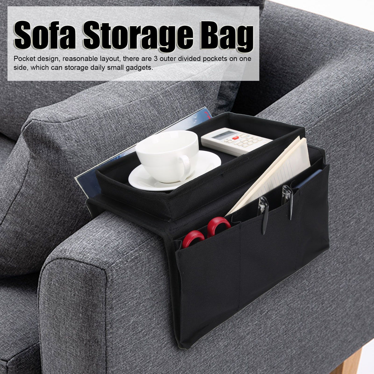 4 Pockets Sofa Armrest TV Remote Control Organizer Armchair Couch Bag with Cup Holder TrayBlack