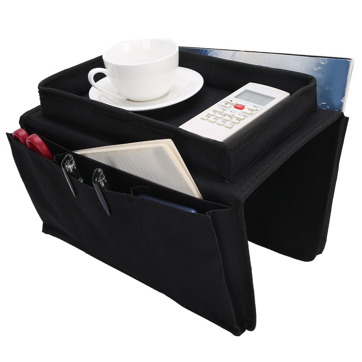 4 Pockets Sofa Armrest TV Remote Control Organizer Armchair Couch Bag with Cup Holder TrayBlack