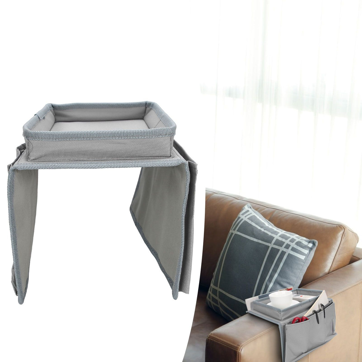 4 Pockets Sofa Armrest TV Remote Control Organizer Armchair Couch Bag with Cup Holder TrayGray