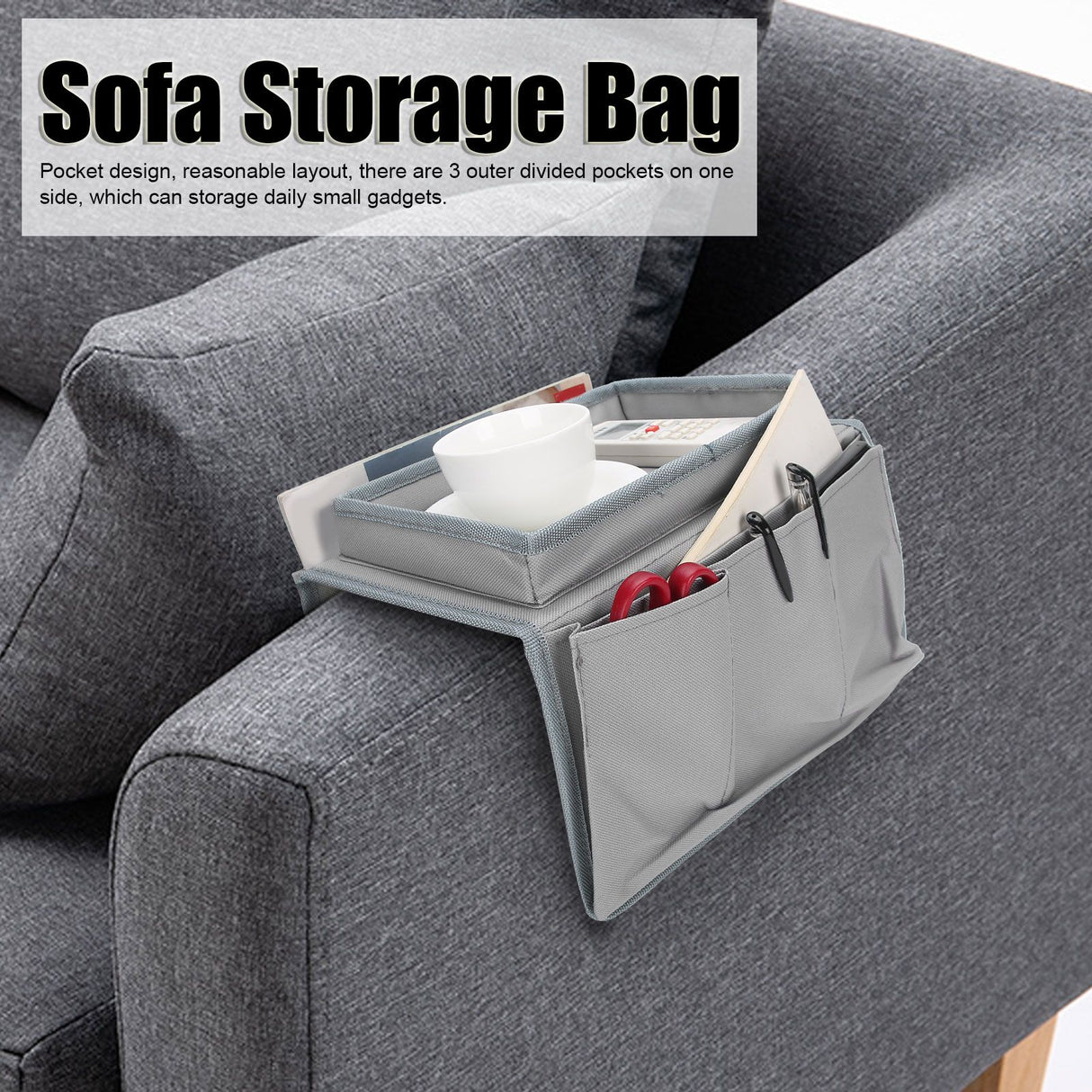 4 Pockets Sofa Armrest TV Remote Control Organizer Armchair Couch Bag with Cup Holder TrayGray