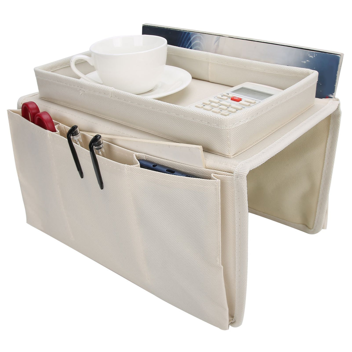 4 Pockets Sofa Armrest TV Remote Control Organizer Armchair Couch Bag with Cup Holder TrayBeige