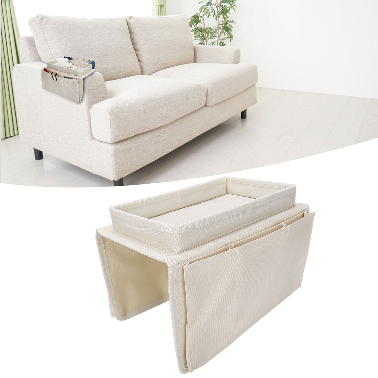 4 Pockets Sofa Armrest TV Remote Control Organizer Armchair Couch Bag with Cup Holder TrayBeige