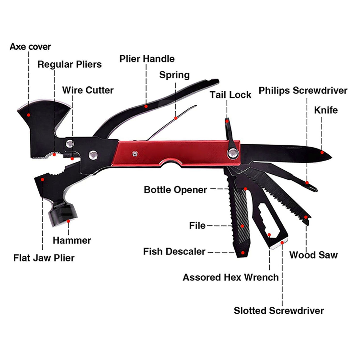 15In1 Axe Hammer MultiFunctional Camping Survival Screwdrivers Pliers Bottle Opener(Red )