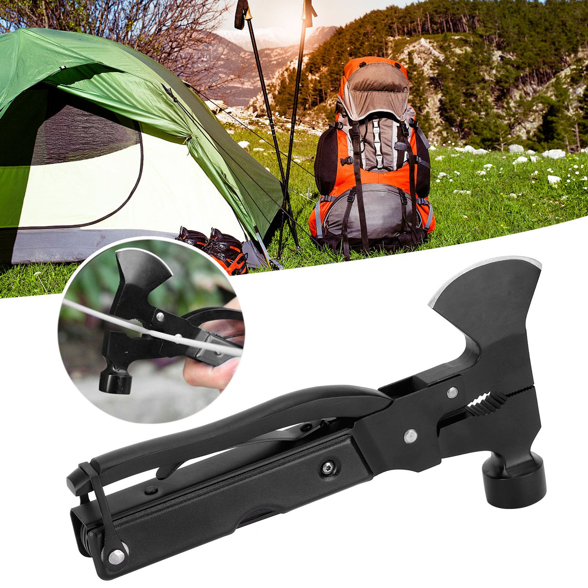 15In1 Axe Hammer MultiFunctional Camping Survival Screwdrivers Pliers Bottle Opener(Black )