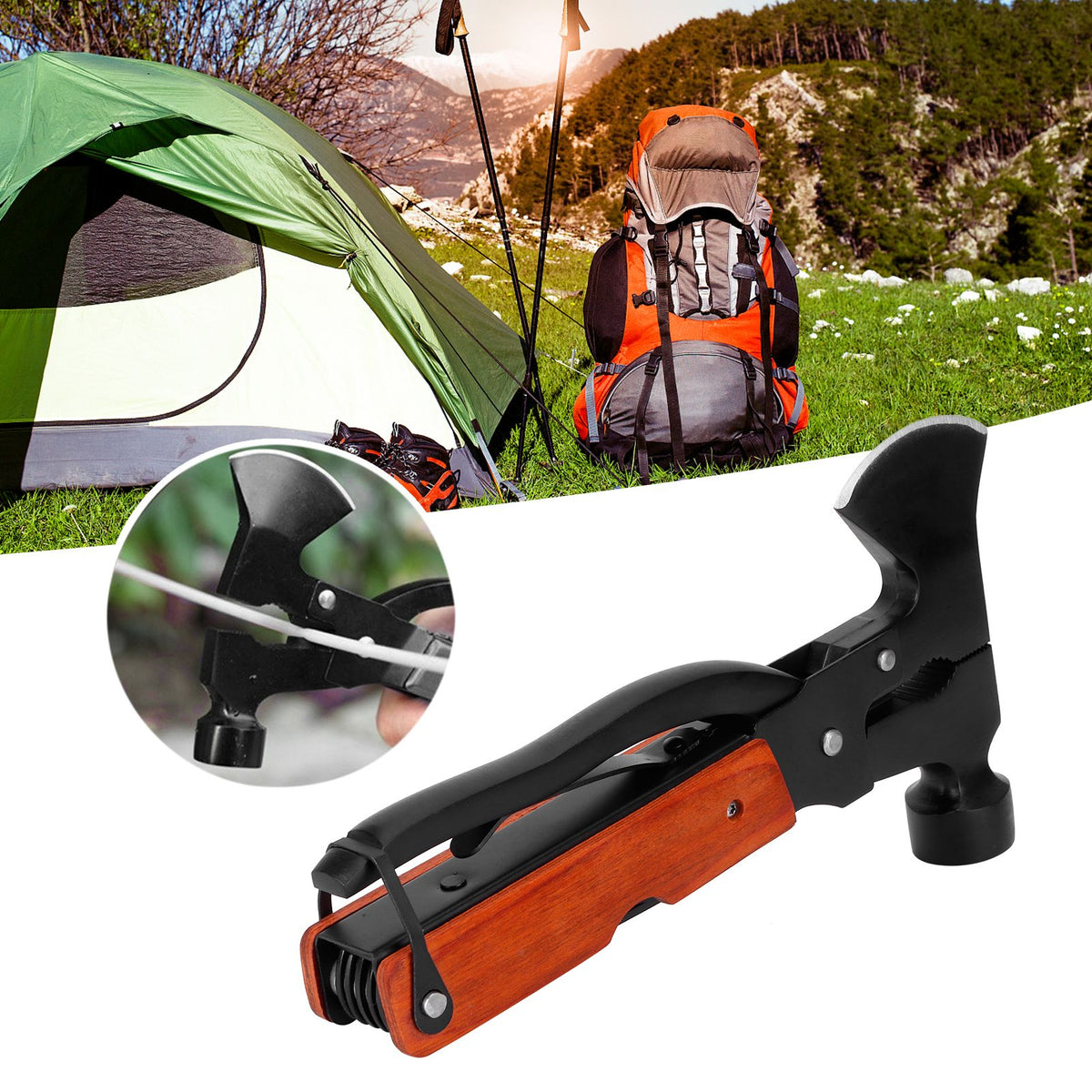 15In1 Axe Hammer MultiFunctional Camping Survival Screwdrivers Pliers Bottle Opener(Wood Grain )
